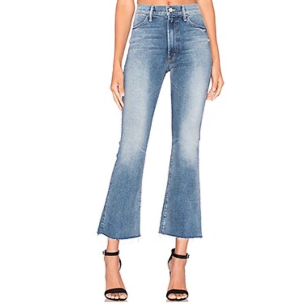 MOTHER 28 The Hustler Ankle Fray in Bake Sale Brawl Blue Denim Jean High Rise